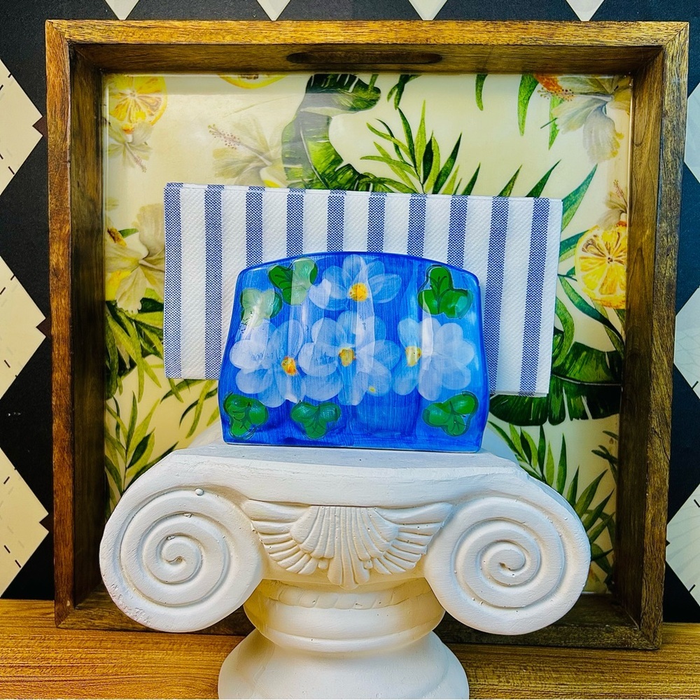 Hand-Painted Ceramic Napkin Holder Blue‎ Floral Cottage Décor - Picture 6 of 9